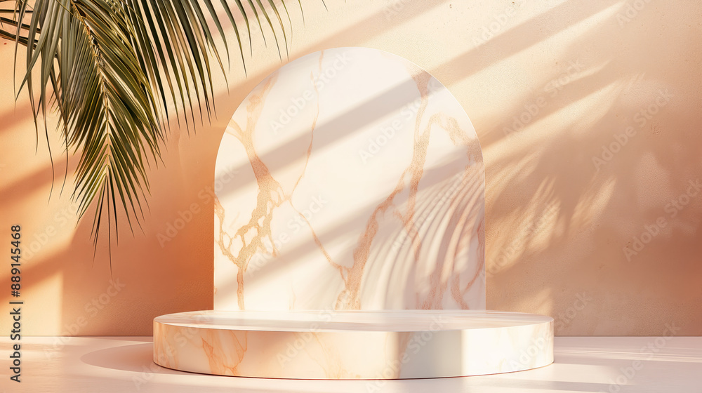 Aufkleber summer luxury tropical marble podium background mock up with soft sunlight and palm shadows. warm pe
