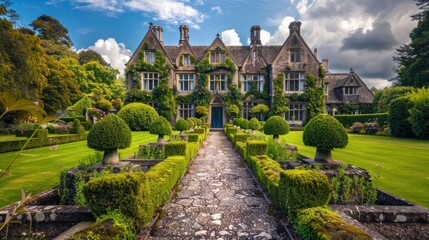 A picturesque English manor with ivy-covered walls, a formal garden with hedges and topiary, and a grand stone pathway