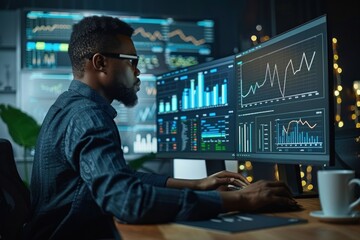 Financial analyst using advanced software to create financial models on a high-resolution computer screen The screen displays complex graphs and data points, highlighting the technical skills
