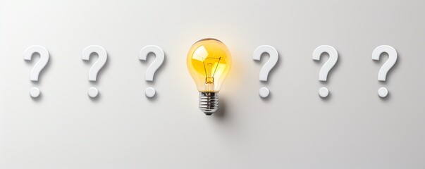 A row of question marks leading up to a light bulb at the end, symbolizing the path to finding answers, on an isolated white background, with lots of copy space