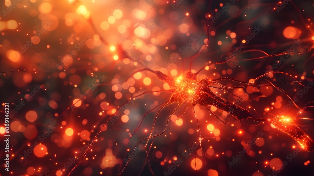 Poster abstract neuron with glowing red bokeh.