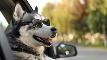Husky Dog in Sunglasses in Car Window.