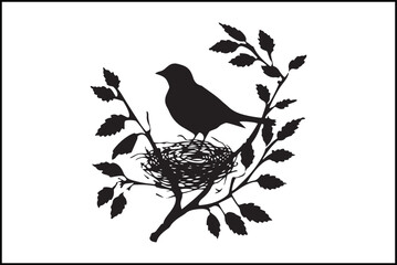 Bird nest vector art illustration, graphic, drawing, art, illustration, spring, wildlife, baby, egg, element, home, nest, white, wild, animal, black, design