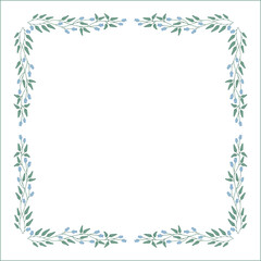 Green floral frame with blue bluebell flowers, bluebells decorative corners for greeting cards, banners, business cards, invitations, menus. Isolated vector illustration.	