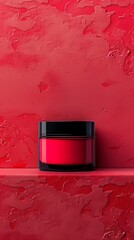 A red background with a small red jar of makeup on a shelf