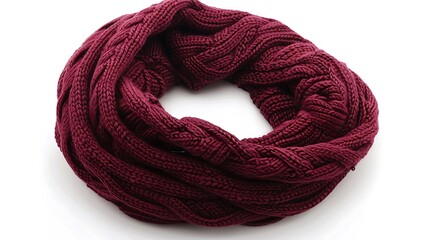 Fototapeta premium A knitted infinity scarf in a deep burgundy shade, displayed on a white background