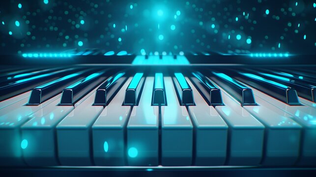 A close-up of a piano keyboard with a blue glow, suggesting musical inspiration and creativity.
