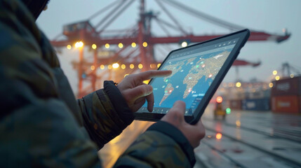 Technician using a tablet with a global map application at a shipping port, managing logistics and cargo tracking.