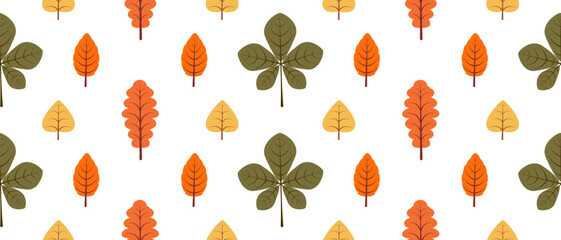 Cute autumn leaf pattern. Flat style illustration. Fall season seamless pattern for design. Vector horizontal autumn leaf ornament. Pattern isolated on changeable white background.