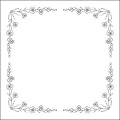 Elegant black and white vegetal ornamental frame with cornflowers, decorative border, corners for greeting cards, banners, business cards, invitations, menus. Isolated vector illustration.	