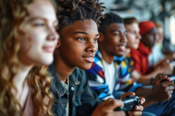 Diverse Group of Young People Playing Video Games Together, Promoting Integration and Social Inclusion Through Fun and Interactive Activities The Image Shows Friends Enjoying a Game Console