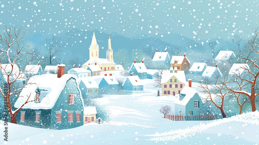 Canvas Prints A cartoon winter scene of a village with snow-covered houses and trees.