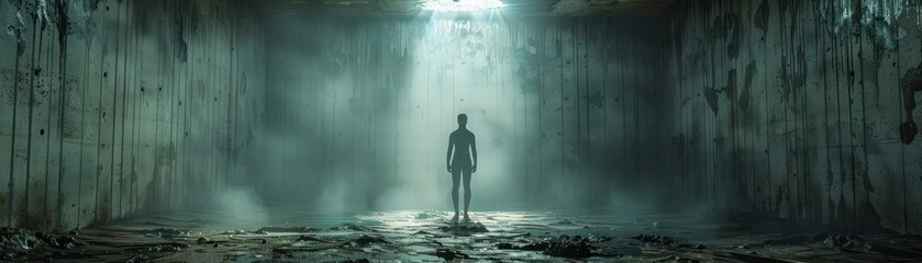 Fototapeta premium Lonely Figure Navigating Obstacles in a Dark and Foggy Environment, A Man Standing Alone in a Foggy, Desolate Setting, Symbol of Isolation, Uncertainty, and the Human Condition