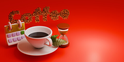3D Coffee text, Cup of coffee. Coffee to go. Space for text. 3d render.
