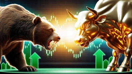 image of a powerful bull and a fierce bear facing each other head-to-head in a stock market arena