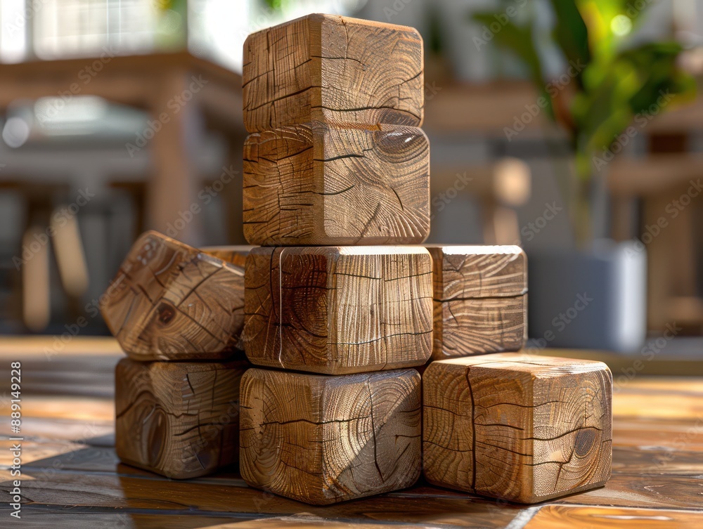 Poster wooden blocks stacked in a tower, showing teamwork and collaboration the blocks represent individual