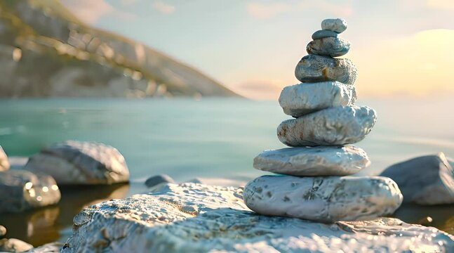 A stack of rocks on a beach with the ocean in the background. The rocks are arranged in a pyramid shape, creating a sense of balance and harmony. The scene evokes a feeling of tranquility and peace
