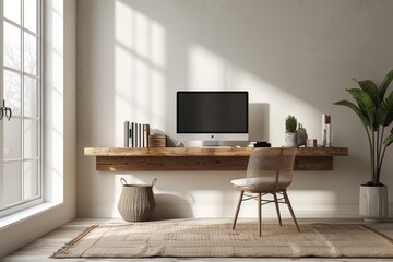 Home Office with Minimalist Accessories and Clean Desk: A minimalist home office mockup with simple accessories and a clean desk.