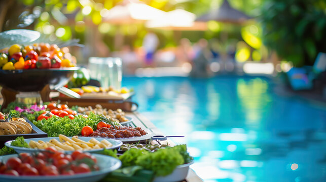 Poolside catering event with buffet, blurred background, copy space