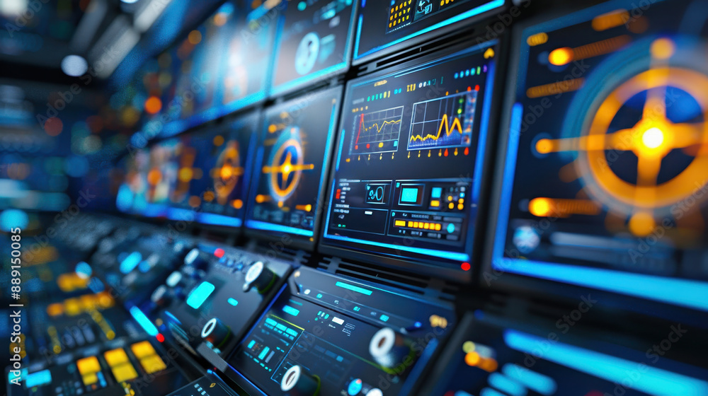 Leinwandbilder high-tech control room with multiple digital screens displaying data and futuristic user interfaces