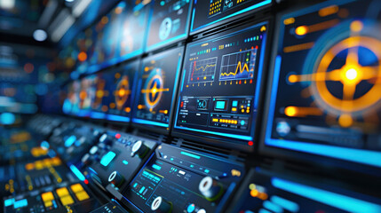Naklejka premium High-tech control room with multiple digital screens displaying data and futuristic user interfaces