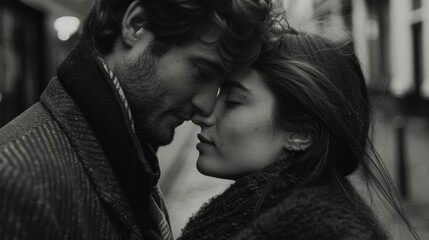 A romantic moment captured in monochrome, featuring a man and woman embracing