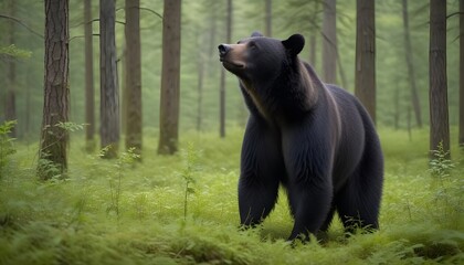 Fototapeta premium A massive, shaggy-furred black bear standing tall in a lush forest clearing