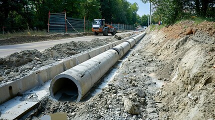 Large concrete pipes installation on a road construction site