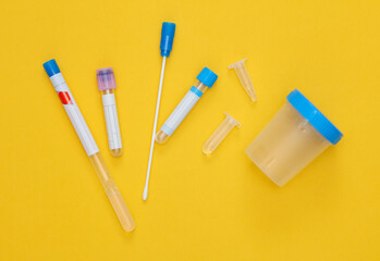 Medical test tubes and jar for tests on white background