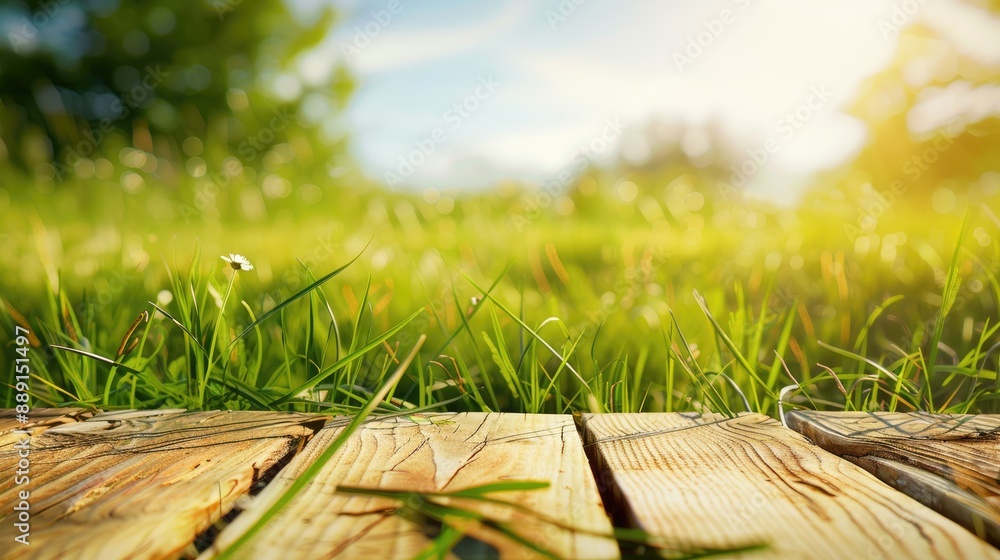 Aufkleber blurred background of grass field with wooden tabletop concept of freshness and relaxation for produ