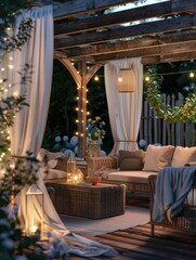 Fototapeta premium Lounge area outdoors with white curtains and string lights for ambiance