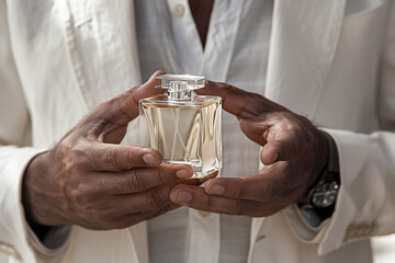 Obraz premium Close-up of hands holding a perfume bottle in warm tones. Luxury style. Suitable for mockups, beauty sites, and cosmetic projects