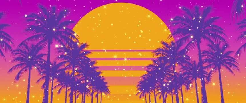 An alley with palm trees and a yellow sun on the horizon. Glitter particles. Widescreen retro background
