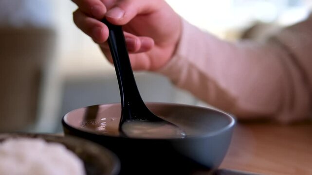 Traditional Japanese miso soup at restaurant. Miso soup