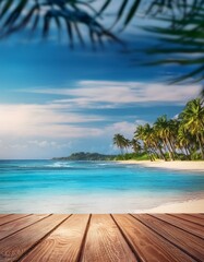 Fototapeta premium Tropical Beach Wooden Table Backdrop