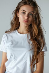 Fototapeta premium White tshirt mockup on woman model created with Generative AI