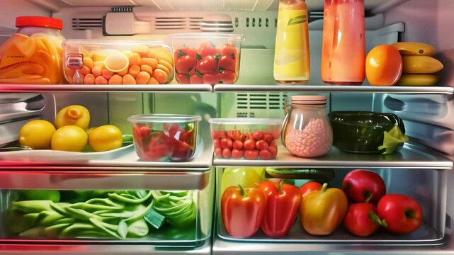Fresh fruits and vegetables inside a well-lit refrigerator
