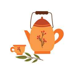 Autumn tea party. Vector illustration of a teapot with a cup and a branch. Cozy autumn tea party