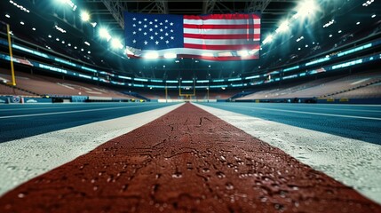 American football stadium with running track and large American flag