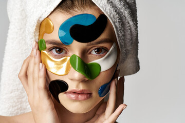 Graceful woman with a towel wrapped around her head and eye patches.