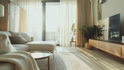 Minimalist interior with hidden technologies and smart lighting