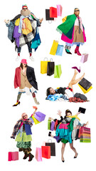 Vibrant mix of styles, excitement of big sale event. Vertical collage made of different people wearing stylish and extravagant outfits. Shopping, mid-season sales, Black Friday, Cyber Monday concept