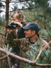 Fototapeta premium A man holds a young girl's hand as they walk through a dense forest, surrounded by tall trees and lush foliage