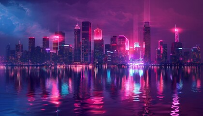 Obraz premium A futuristic cityscape gleams with vibrant lights and mirrored reflections