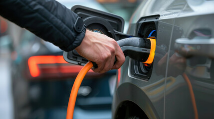 Hand plugging in an electric car charger into the vehicle, symbolizing sustainable energy and modern technology.