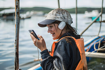 Fototapeta premium Woman on Phone while working on the water in aquaculture oyster farm