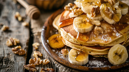 Stack of pancakes with banana slices, walnuts, and honey on rustic wooden table