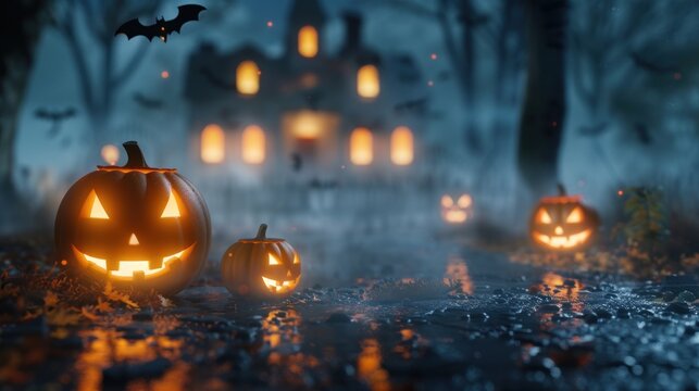 Halloween background with haunted house, jack o lanterns and bats in foggy graveyard at night