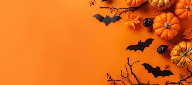 Halloween background with pumpkins, bats and branches on orange background with copy space for text. Halloween concept banner with black paper cut bat wings, white cream color pumpking decoration,