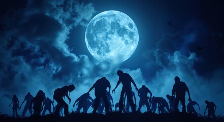 halloween background with zombie silhouettes in fog and full moon in the sky, halloweencore concept, creepy huge group of zombies rising from ground at night, huge army of walking dead people